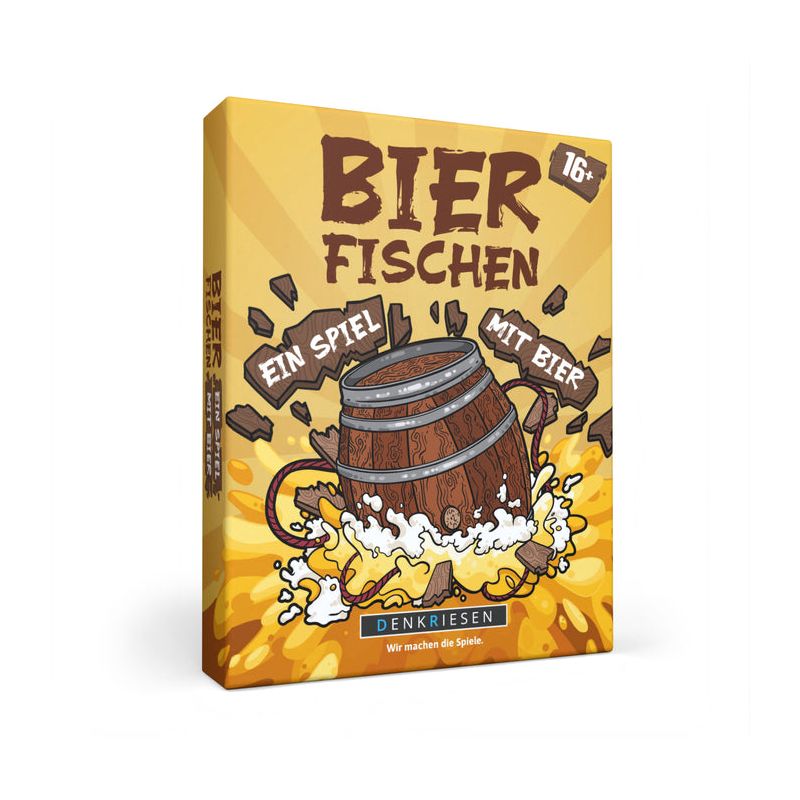Spielschachtel Bier Fischen mit schäumendem Bierfass vor gelbem Hintergrund.
