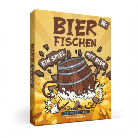 Spielschachtel Bier Fischen mit schäumendem Bierfass vor gelbem Hintergrund.