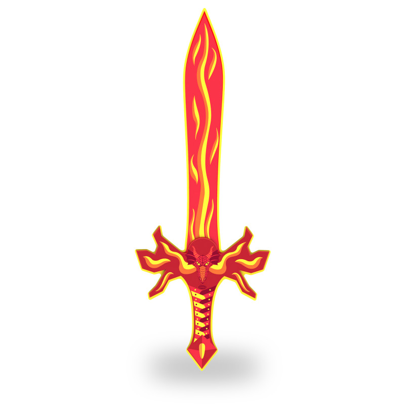 Ein rot-gelbes Fantasy-Schwert mit Flammenmuster und verziertem, feurigem Griff auf weißem Hintergrund.