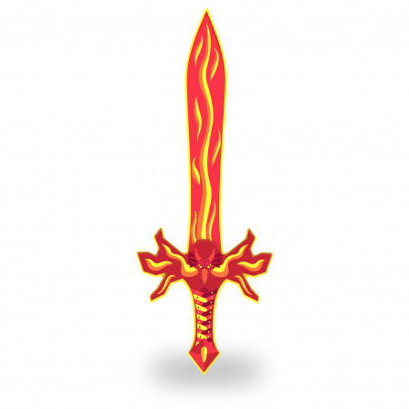 Ein rot-gelbes Fantasy-Schwert mit Flammenmuster und verziertem, feurigem Griff auf weißem Hintergrund.