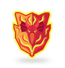 Rotes Drachengesicht mit gelben Augen auf einem schildförmigen Emblem, umrahmt von Flammen.