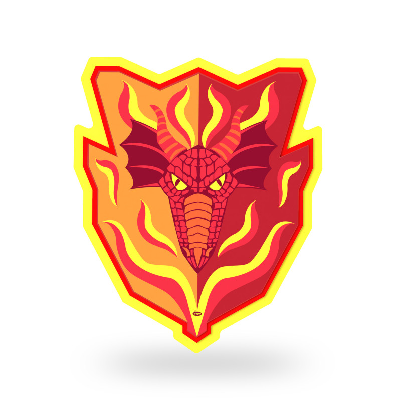 Rotes Drachengesicht mit gelben Augen auf einem schildförmigen Emblem, umrahmt von Flammen.