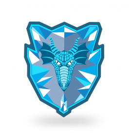 Blauer Drachenkopf mit Flügeln auf einem geometrischen, eisblauen Schild.