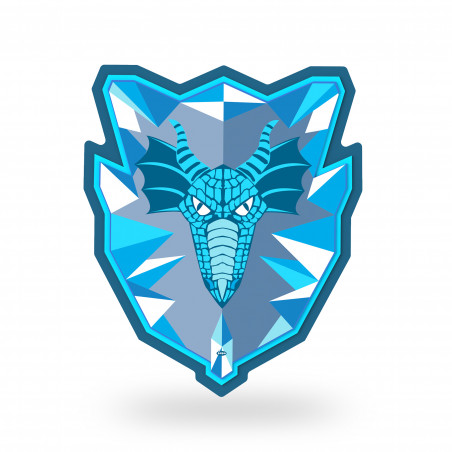 Blauer Drachenkopf mit Flügeln auf einem geometrischen, eisblauen Schild.