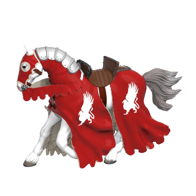 Weißes Spielzeugpferd mit silberner Rüstung und rotem Umhang, darauf ein weißes geflügeltes Löwenemblem.