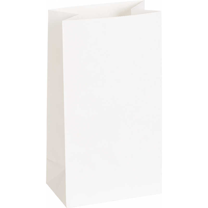 Eine schlichte, aufrecht stehende weiße Papiertüte vor weißem Hintergrund.