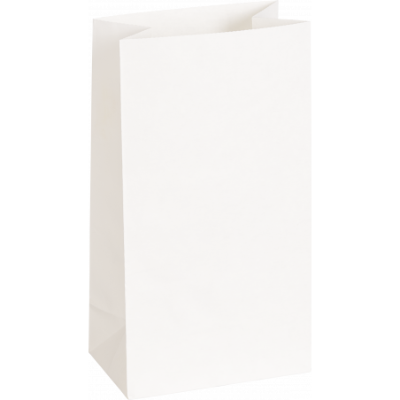 Eine schlichte, aufrecht stehende weiße Papiertüte vor weißem Hintergrund.