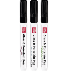 Drei Marabu Glas- & Porzellanmalstifte mit schwarzen Kappen, für das Beschriften von Glas und Porzellan geeignet.