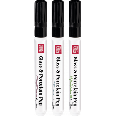 Drei Marabu Glas- & Porzellanmalstifte mit schwarzen Kappen, für das Beschriften von Glas und Porzellan geeignet.