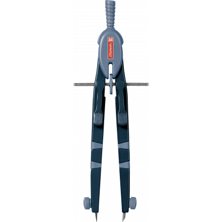 Ein blauer und grauer Zirkel mit verstellbaren Armen und Griff liegt auf weißem Hintergrund.