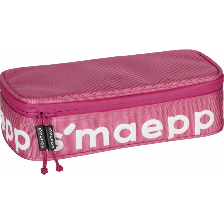 Rechteckiges pinkes Mäppchen mit Reißverschluss und weißem Aufdruck smaepp.