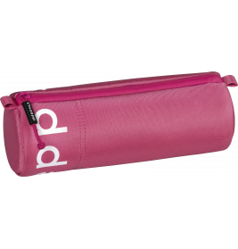 Zylindrisches, pinkes Federmäppchen mit Reißverschluss und teilweise weißem Text an der Seite.