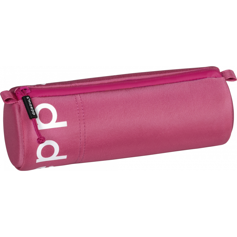 Zylindrisches, pinkes Federmäppchen mit Reißverschluss und teilweise weißem Text an der Seite.