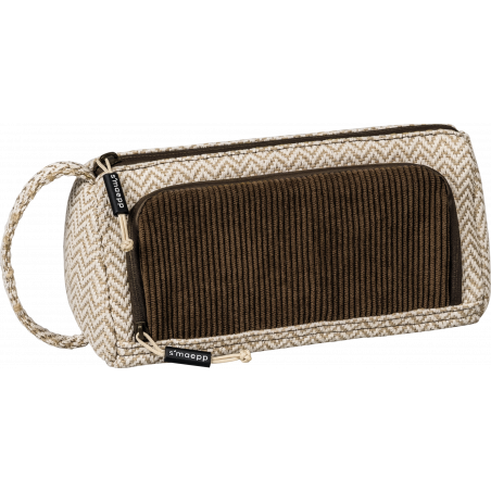 Rechteckiges beige-braunes Stofftäschchen mit Reißverschluss, Henkel und strukturierter Vorderseite.