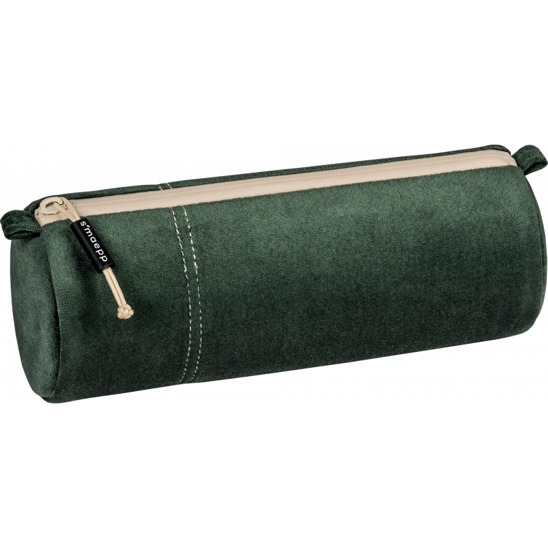Dunkelgrünes, zylindrisches Mäppchen mit beigem Reißverschluss und kleinem schwarzen Etikett an der Seite.