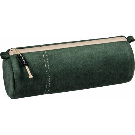 Dunkelgrünes, zylindrisches Mäppchen mit beigem Reißverschluss und kleinem schwarzen Etikett an der Seite.