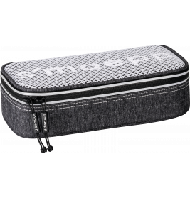 Rechteckiges Schwarz-Weiß-Etui mit Reißverschluss, Mesh-Deckel und zwei Zippern vor weißem Hintergrund.