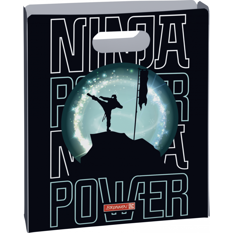 Einkaufstasche mit "NINJA POWER"-Schriftzug und Ninja-Silhouette beim Tritt auf Hügel vor leuchtendem Mond.