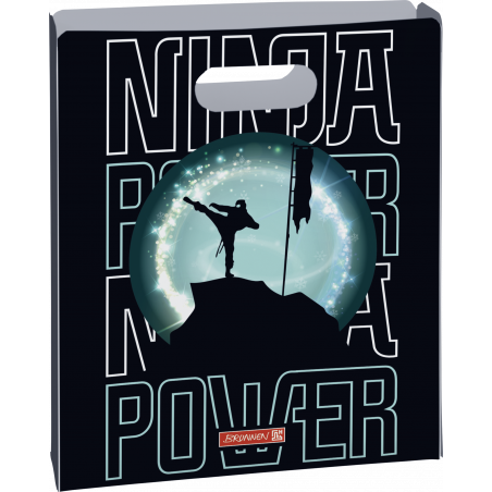 Einkaufstasche mit "NINJA POWER"-Schriftzug und Ninja-Silhouette beim Tritt auf Hügel vor leuchtendem Mond.