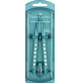 Türkises Faber-Castell Zirkelset im Etui, Aufschrift Schnellverstellzirkel, hergestellt in Deutschland.