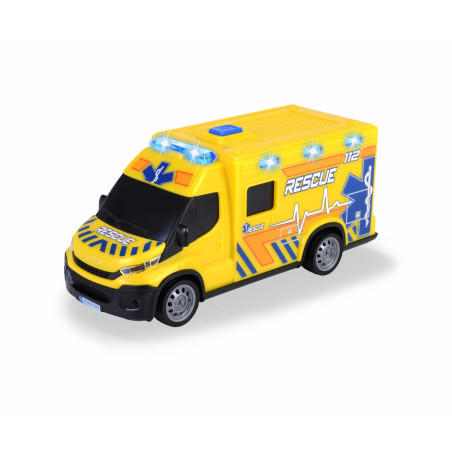 Gelbes Spielzeug-Rettungsfahrzeug mit blauen Lichtern und RESCUE 112-Aufdruck, freigestellt auf weißem Hintergrund.