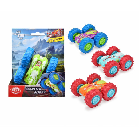 Vier bunte Spielzeug-Monstertrucks in Verpackung mit den Aufschriften Monster Flippy und Let the fun roll.