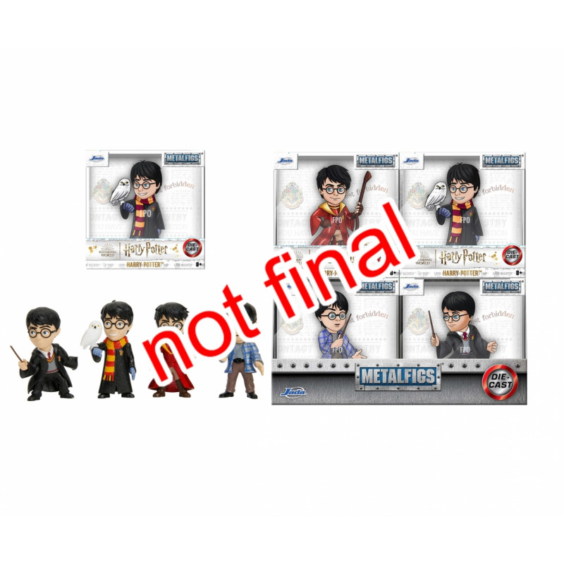 Vier Harry-Potter-Metallfiguren in unterschiedlichen Outfits, Verpackung mit rotem Hinweis nicht final.