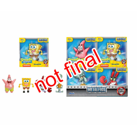 SpongeBob und Freunde als Metalfiguren-Set, Bild mit nicht final-Text.