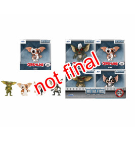 Ausstellung von Gremlins-Sammelfiguren mit auffälligem Text auf den Boxen und Bildern von Gizmo und einem Gremlin.