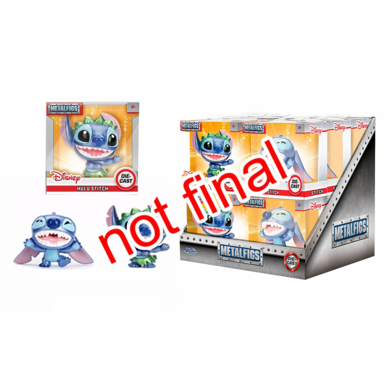 Hula Stitch Disney Metalfigs Figuren und Verpackung mit Hinweis not final über dem Bild.