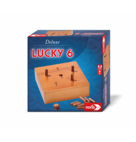 Spielbox Lucky 6 mit Holzspielbrett, Spielfiguren, Würfeln und Noris-Logo.