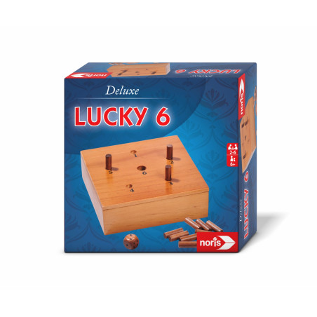 Spielbox Lucky 6 mit Holzspielbrett, Spielfiguren, Würfeln und Noris-Logo.