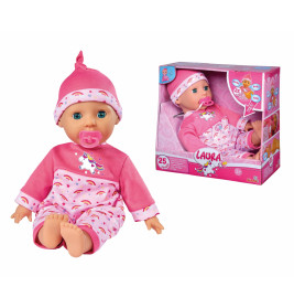 Babypuppe in rosa Einhorn-Pyjama und Mütze mit Schnuller, daneben die Verpackung.