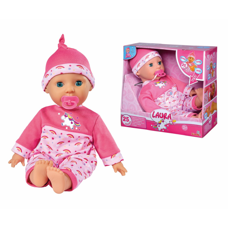 Babypuppe in rosa Einhorn-Pyjama und Mütze mit Schnuller, daneben die Verpackung. Babypuppe in rosa Einhorn-Pyjama und Mütze mit Schnuller, daneben die Verpackung.
