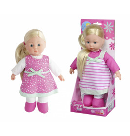 Blonde Puppe im rosa Kleid mit weißen Punkten, abgebildet innerhalb und außerhalb rosafarbener Blumenverpackung.