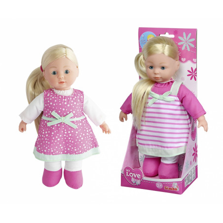 Blonde Puppe im rosa Kleid mit weißen Punkten, abgebildet innerhalb und außerhalb rosafarbener Blumenverpackung.