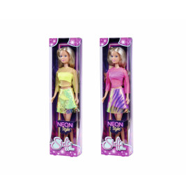 Zwei Steffi Love Puppen in Boxen, mit buntem Neon-Oberteil und gemustertem Rock, Neon Style Branding sichtbar.