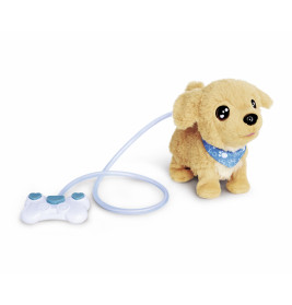 Plüschhund mit blauem Halstuch, über ein Kabel mit einem Controller verbunden.