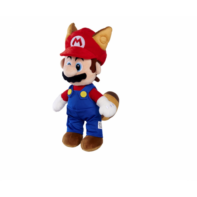 Plüschfigur von Mario im Waschbärenanzug mit roter Mütze, blauer Latzhose und gestreiftem Schwanz.
