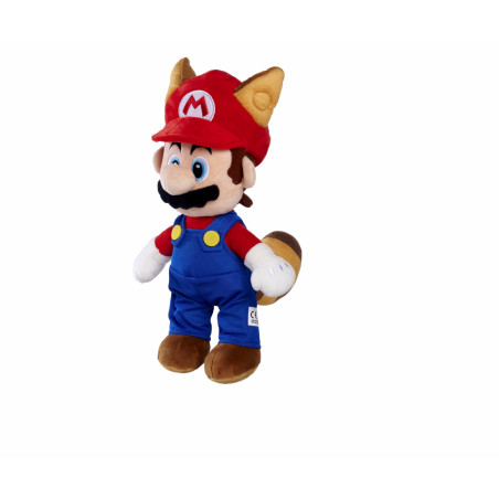 Plüschfigur von Mario im Waschbärenanzug mit roter Mütze, blauer Latzhose und gestreiftem Schwanz.