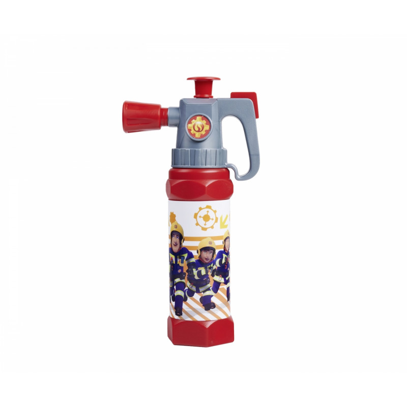 Rote und graue Spielzeug-Trinkflasche in Feuerwehrschlauch-Form mit Cartoon-Feuerwehrleuten auf dem Etikett.