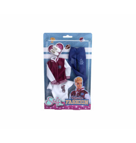 Spielmode-Set mit Collegejacke, Jeans, Schuhen und Sonnenbrille in Schachtel mit Aufschrift Kevin Fashion.