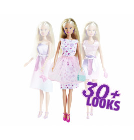 Barbie-Puppe im pink-weißen Kleid, 30+ Looks-Text und zwei verblasste Barbie-Bilder im Hintergrund.