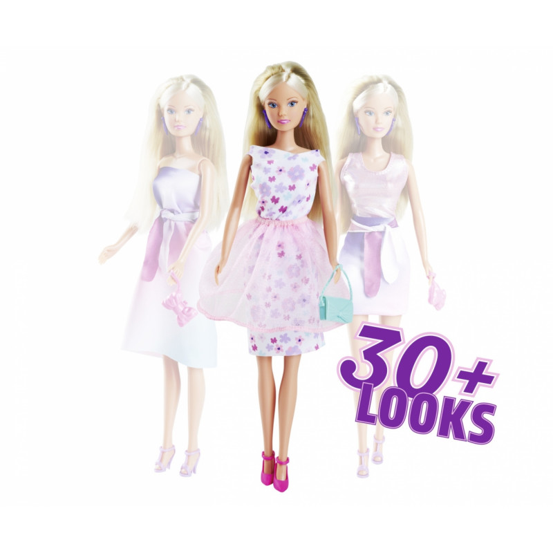 Barbie-Puppe im pink-weißen Kleid, 30+ Looks-Text und zwei verblasste Barbie-Bilder im Hintergrund. Barbie-Puppe im pink-weißen Kleid, 30+ Looks-Text und zwei verblasste Barbie-Bilder im Hintergrund.