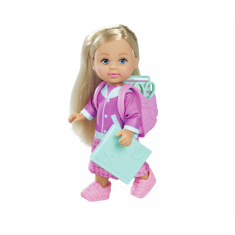 Blonde Puppe mit lila Outfit, pinken Schuhen, rosa Rucksack und hellblauem Buch.