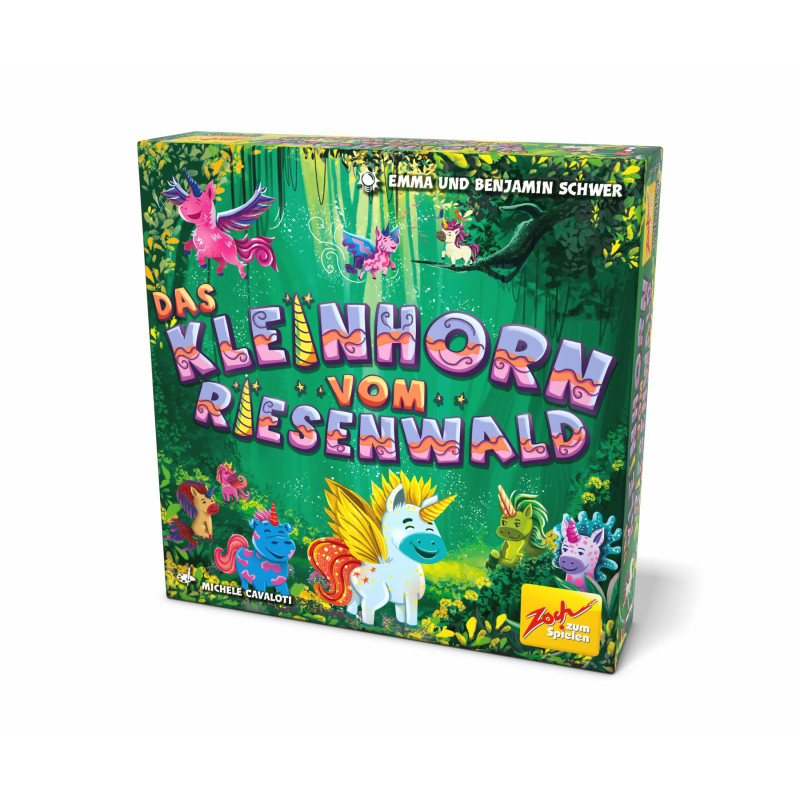 Brettspielbox mit bunten Einhörnern im Wald, Titel: Das kleine Einhorn vom Riesenwald. Brettspielbox mit bunten Einhörnern im Wald, Titel: Das kleine Einhorn vom Riesenwald.