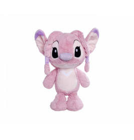 Pink-lila Plüschfigur mit großen Ohren, schwarzen Augen und weißem Bauch steht aufrecht.