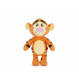 Stehendes Plüschtier: Orangefarbener, lächelnder Tiger mit pinker Nase, gelbem Bauch und schwarzen Streifen.