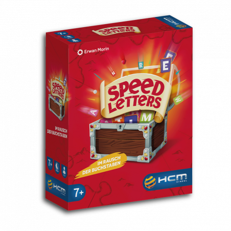 Rote Schachtel des Spiels Speed Letters mit einer Schatztruhe und bunten Buchstaben. Für Kinder ab 7 Jahren.
