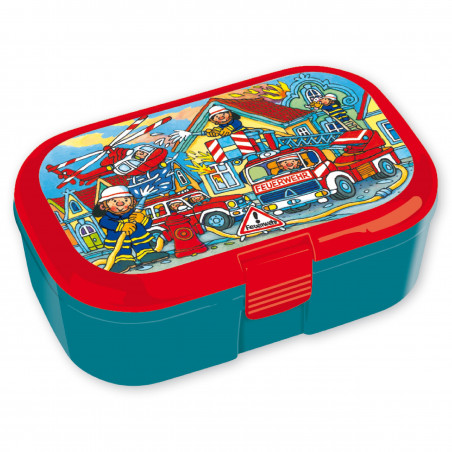 Bunte Brotdose mit Cartoon-Feuerwehrmännern, Feuerwehrautos und brennenden Häusern; rot-blaues Design.